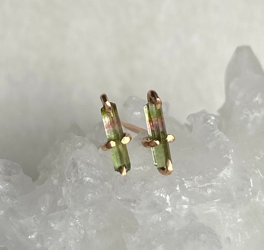 Raw Bicolor Watermelon Tourmaline Stud Earrings, October Birthstone Earrings