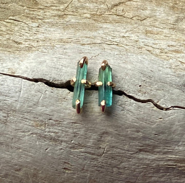 Raw Indicolite Blue/Green Tourmaline Stud Earrings, October Birthstone Earrings