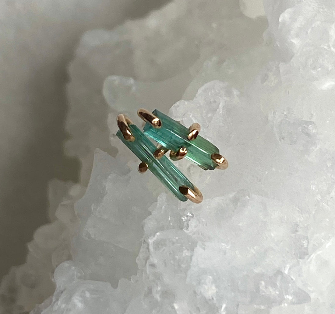 Raw Indicolite Blue/Green Tourmaline Stud Earrings, October Birthstone Earrings