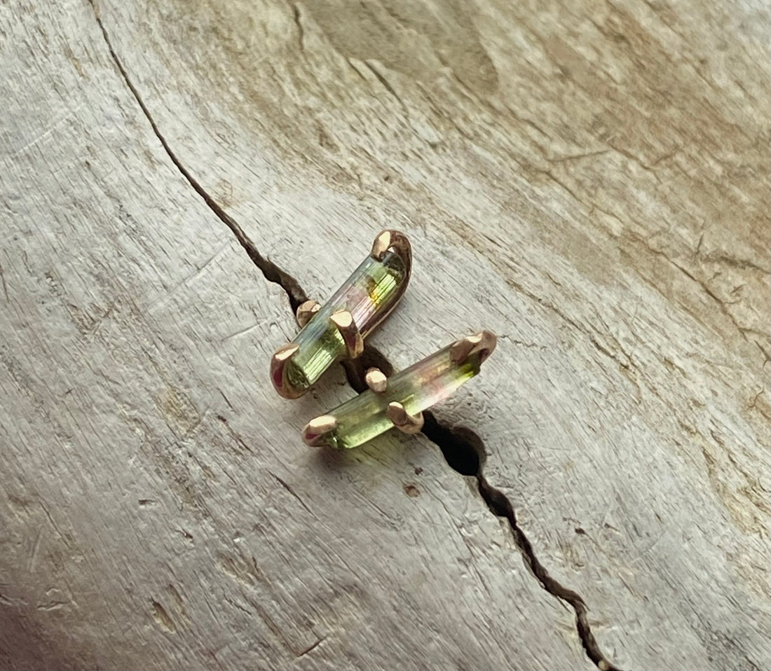 Raw Bicolor Watermelon Tourmaline Stud Earrings, October Birthstone Earrings