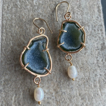 Natural Mexican Tabasco Geode and Pearl Earrings