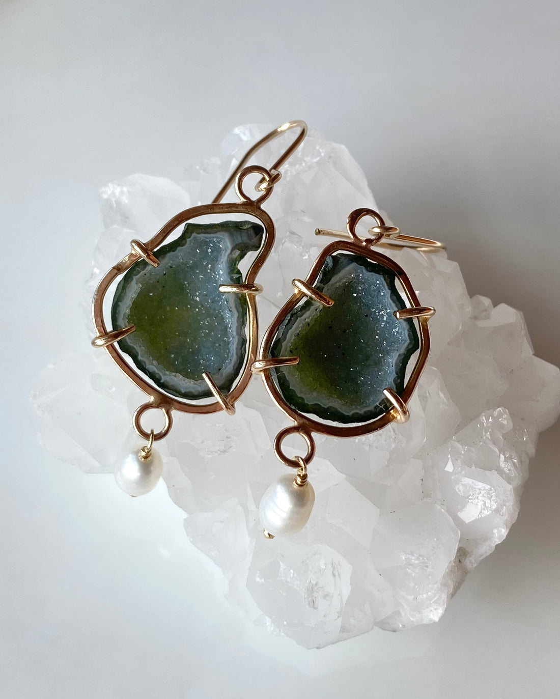 Natural Mexican Tabasco Geode and Pearl Earrings