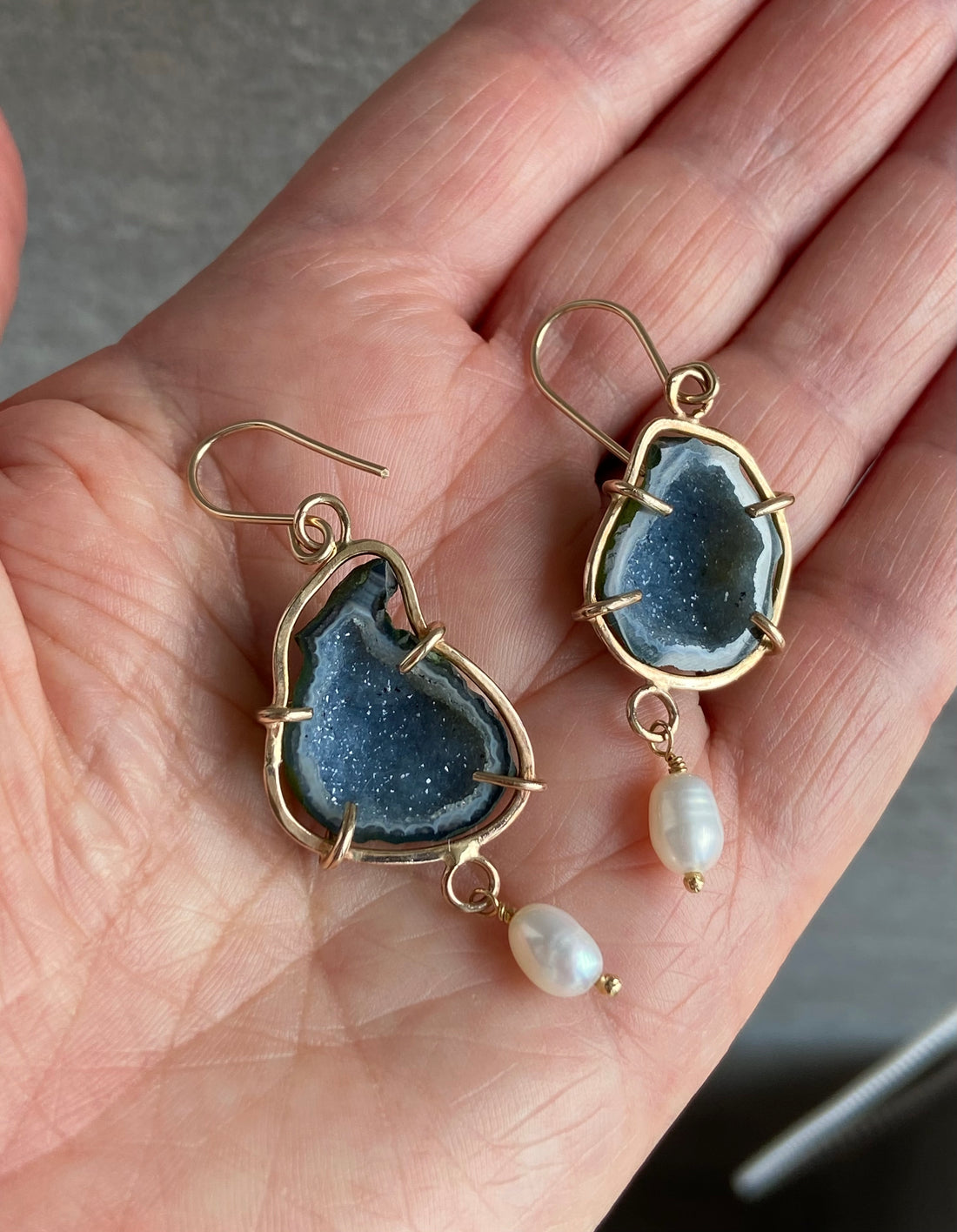 Natural Mexican Tabasco Geode and Pearl Earrings