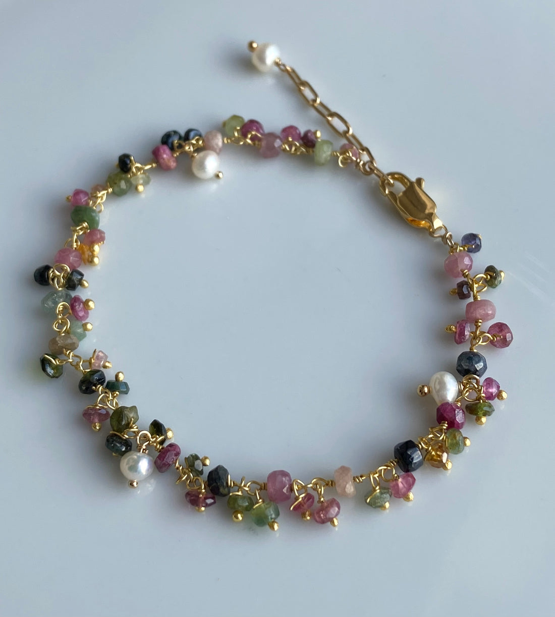 Mixed Natural Tourmaline and Freshwater Pearls Bracelet, October June Birthstone