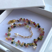 Mixed Natural Tourmaline and Freshwater Pearls Bracelet, October June Birthstone