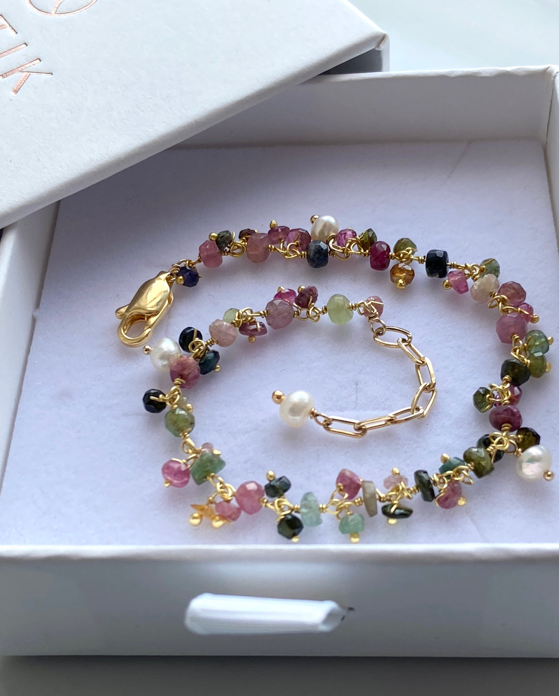 Mixed Natural Tourmaline and Freshwater Pearls Bracelet, October June Birthstone