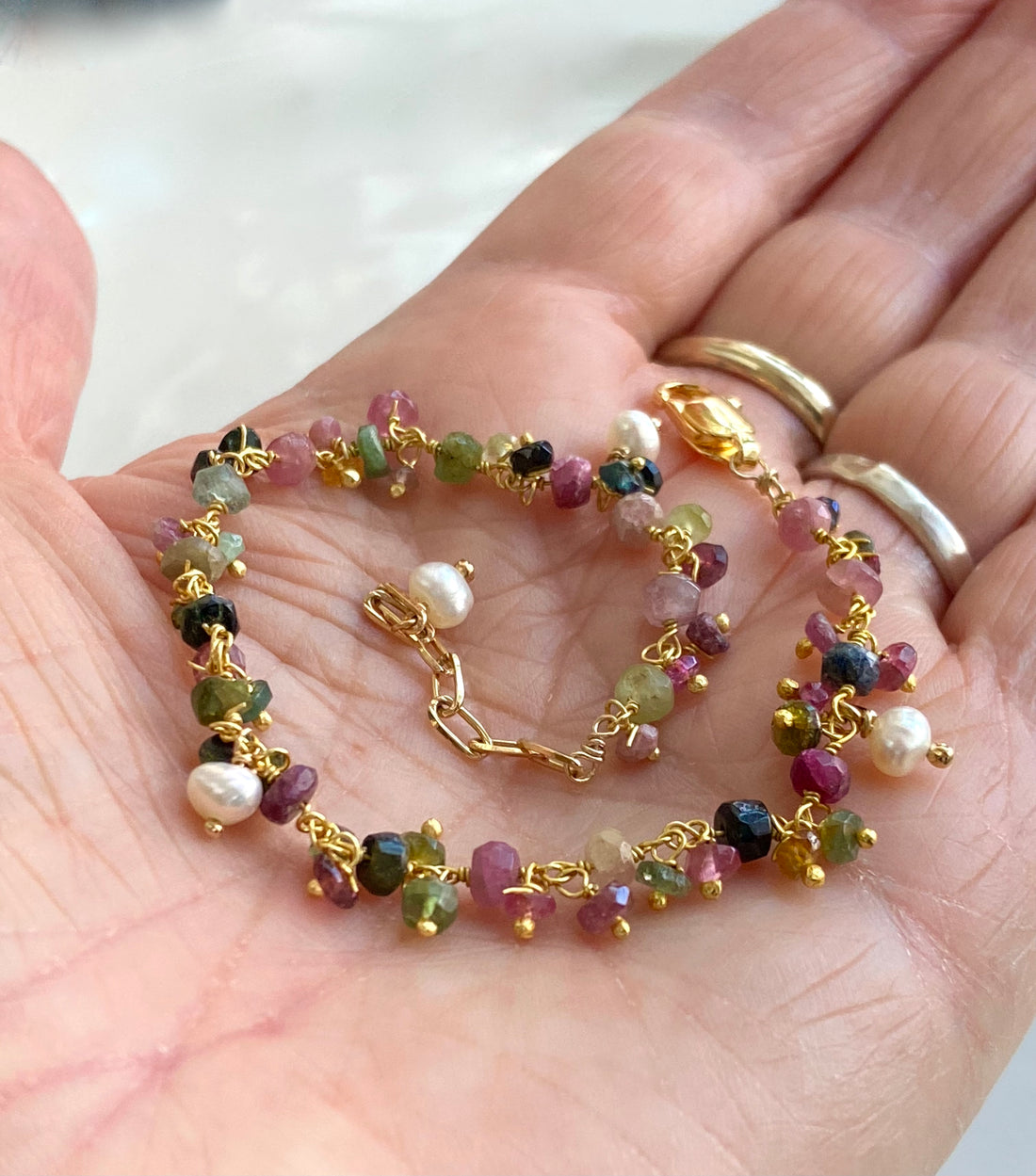 Mixed Natural Tourmaline and Freshwater Pearls Bracelet, October June Birthstone