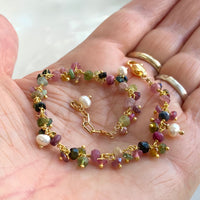 Mixed Natural Tourmaline and Freshwater Pearls Bracelet, October June Birthstone