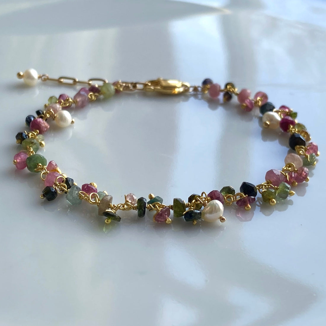 Mixed Natural Tourmaline and Freshwater Pearls Bracelet, October June Birthstone