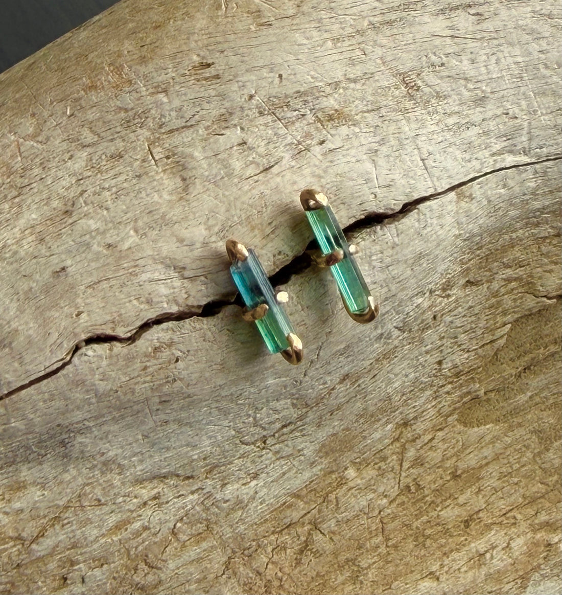 Raw Indicolite Teal Blue Tourmaline Stud Earrings, October Birthstone