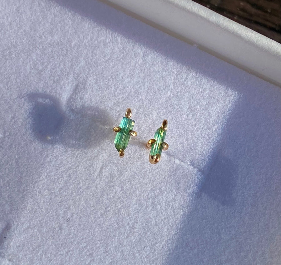 Raw Indicolite Teal Blue Tourmaline Stud Earrings, October Birthstone Earrings