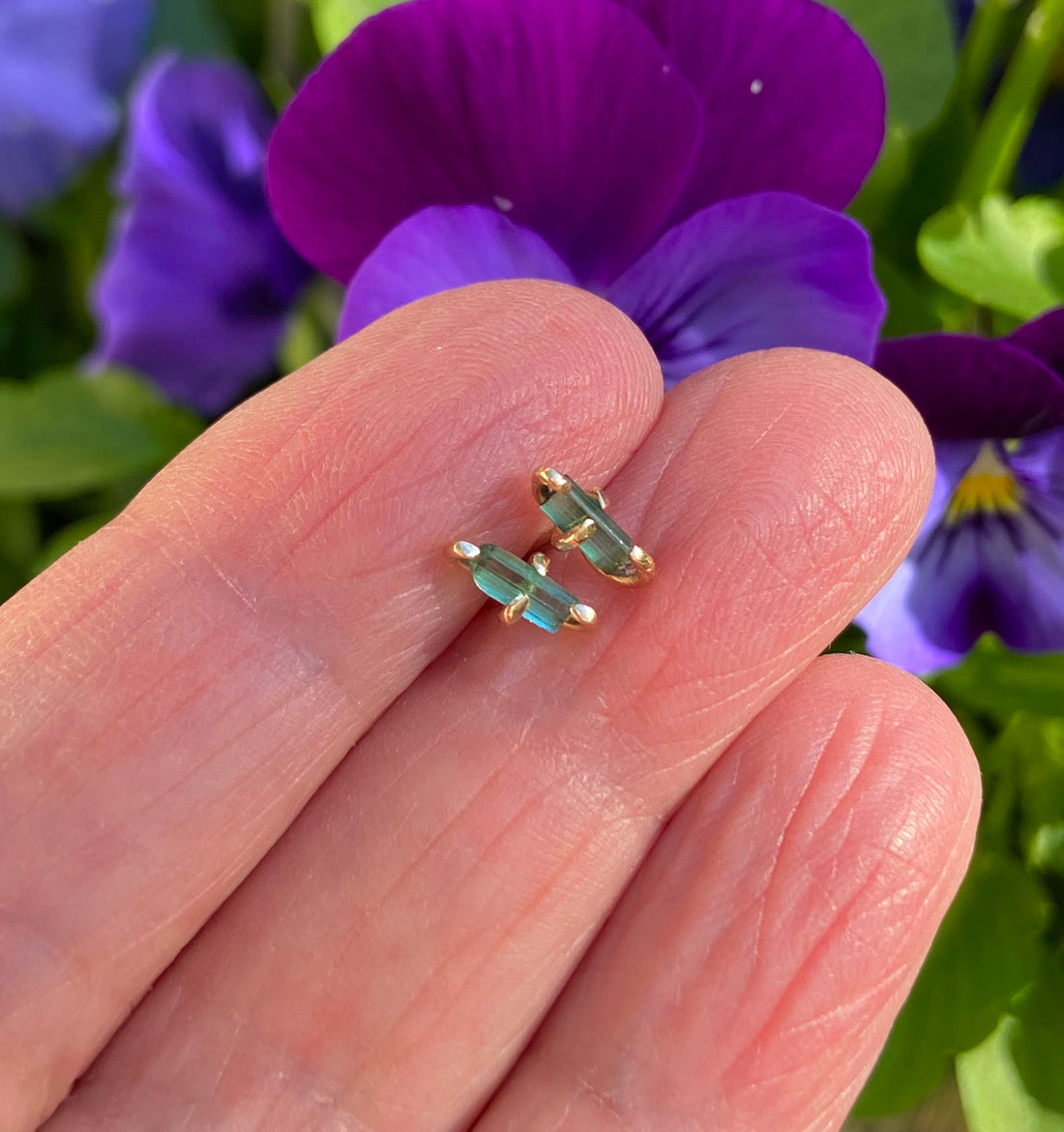 Raw Indicolite Teal Blue Tourmaline Stud Earrings, October Birthstone Earrings