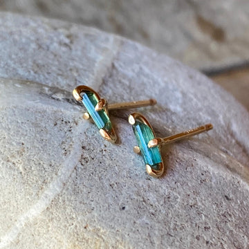 Raw Indicolite Teal Blue Tourmaline Stud Earrings, October Birthstone Earrings