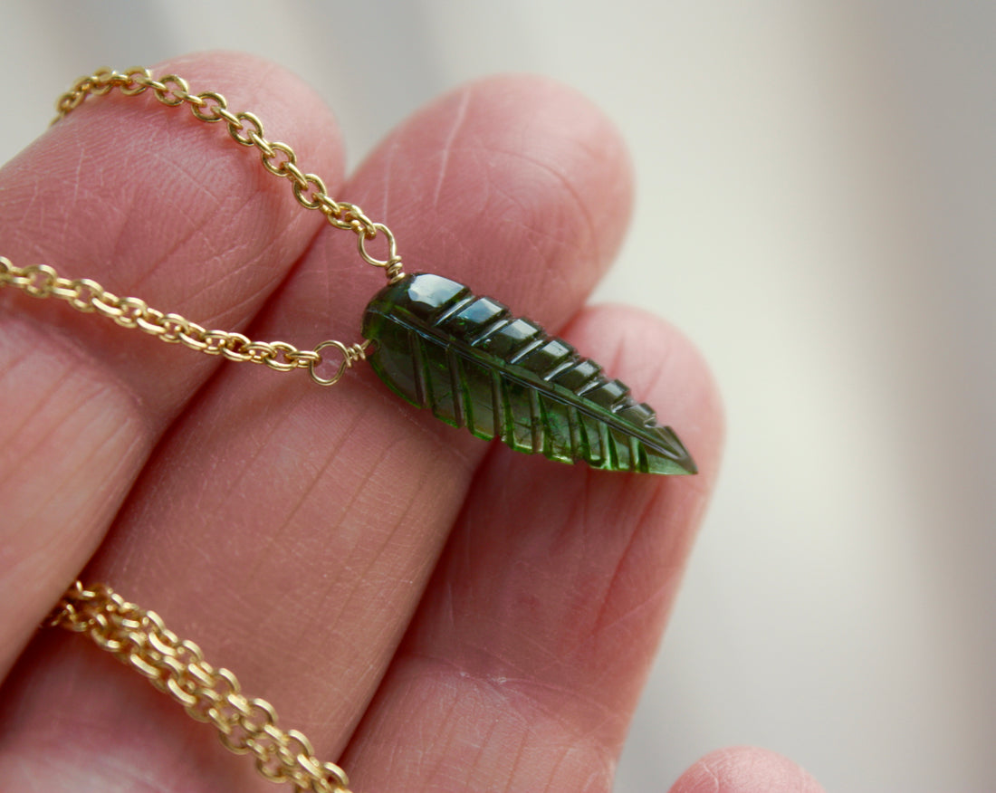Carved Green Tourmaline Leaf Pendant Necklace