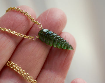 Carved Green Tourmaline Leaf Pendant Necklace