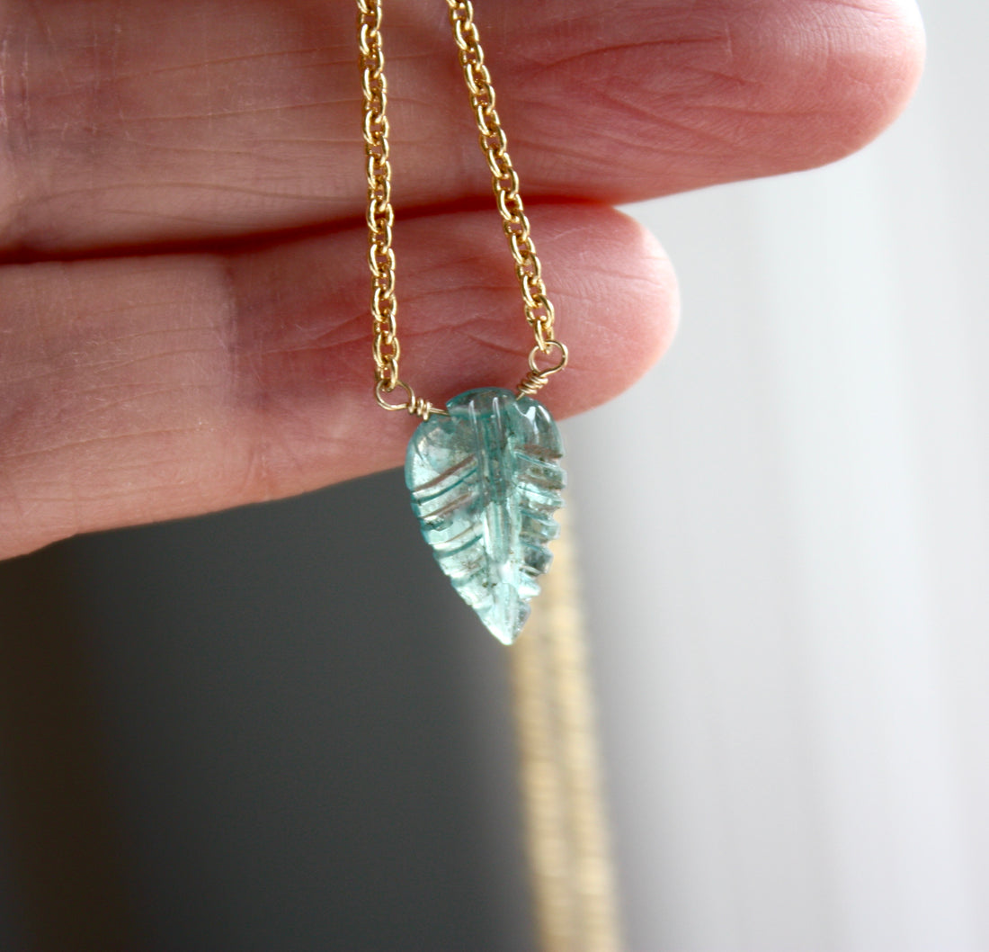 Carved Paraiba Tourmaline Leaf Pendant Necklace