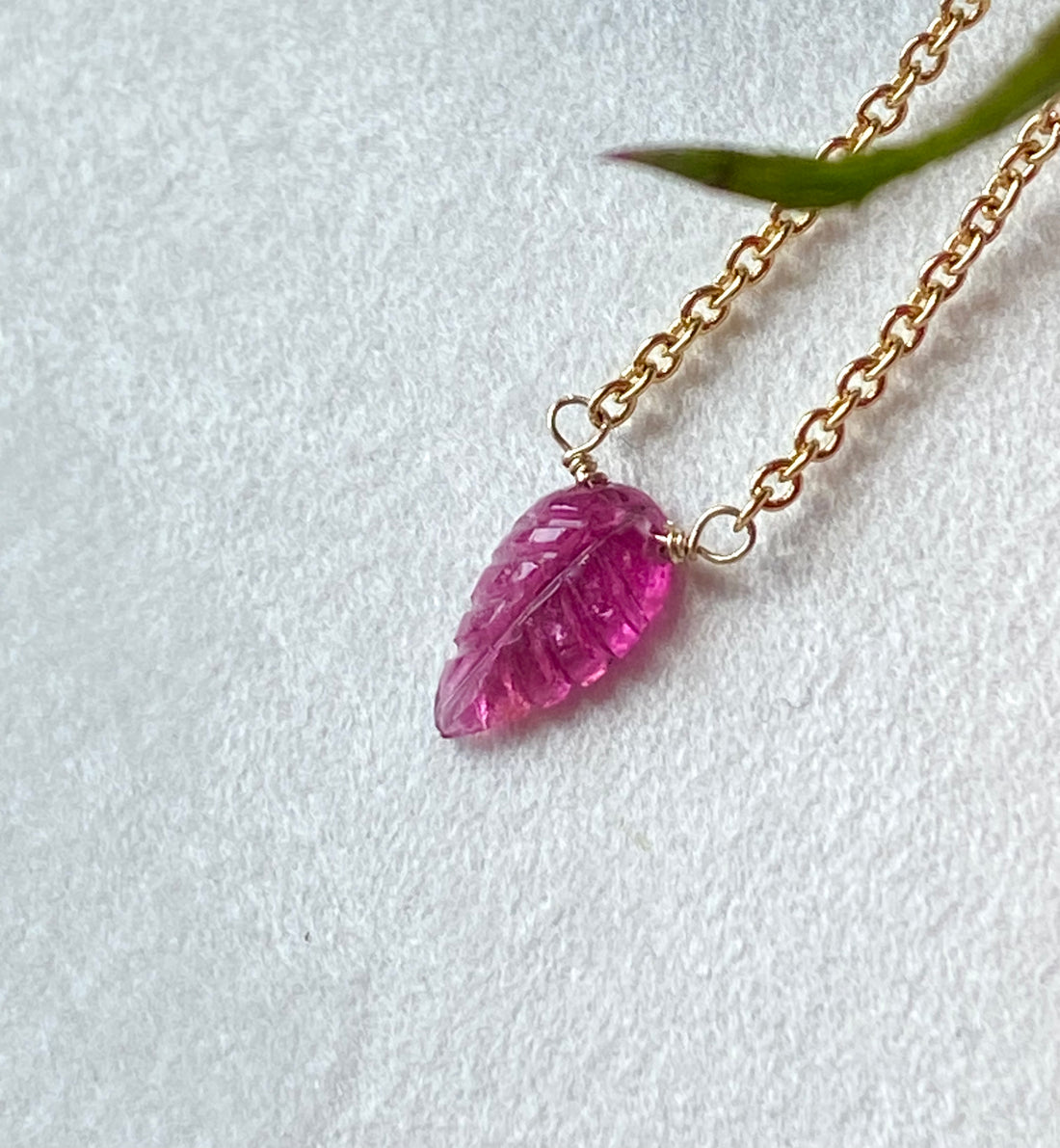 Carved Pink Rubellite Tourmaline Leaf Pendant Necklace