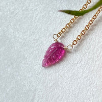 Carved Pink Rubellite Tourmaline Leaf Pendant Necklace