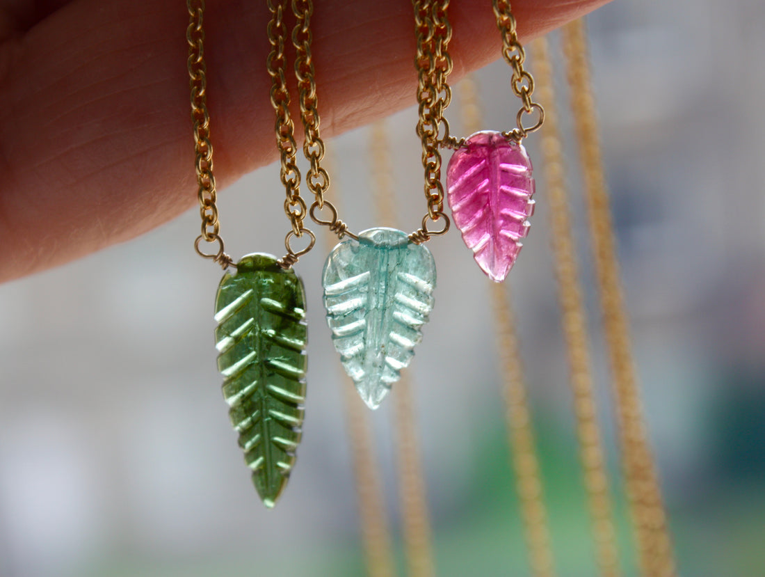 Carved Paraiba Tourmaline Leaf Pendant Necklace