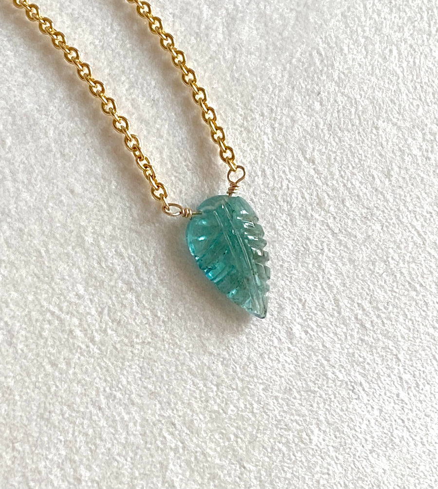 Carved Paraiba Tourmaline Leaf Pendant Necklace