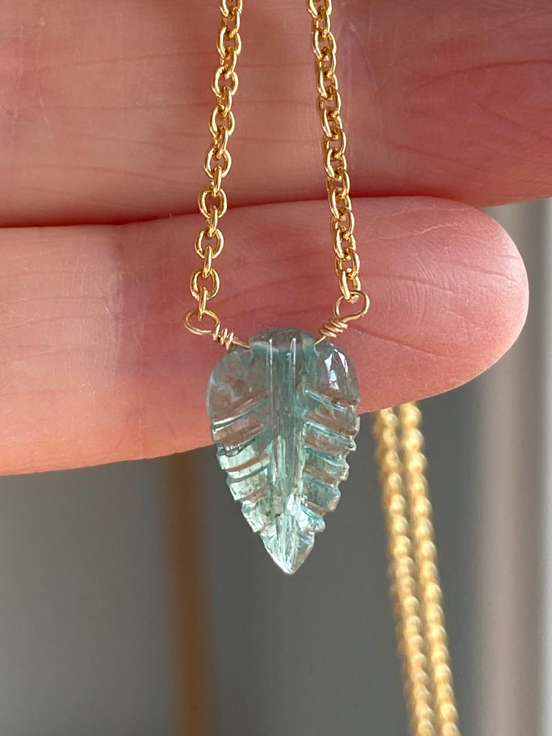 Carved Paraiba Tourmaline Leaf Pendant Necklace