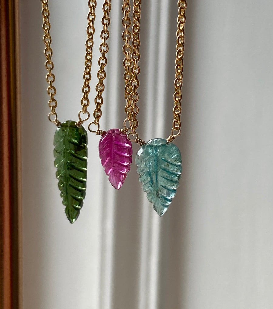 Carved Paraiba Tourmaline Leaf Pendant Necklace