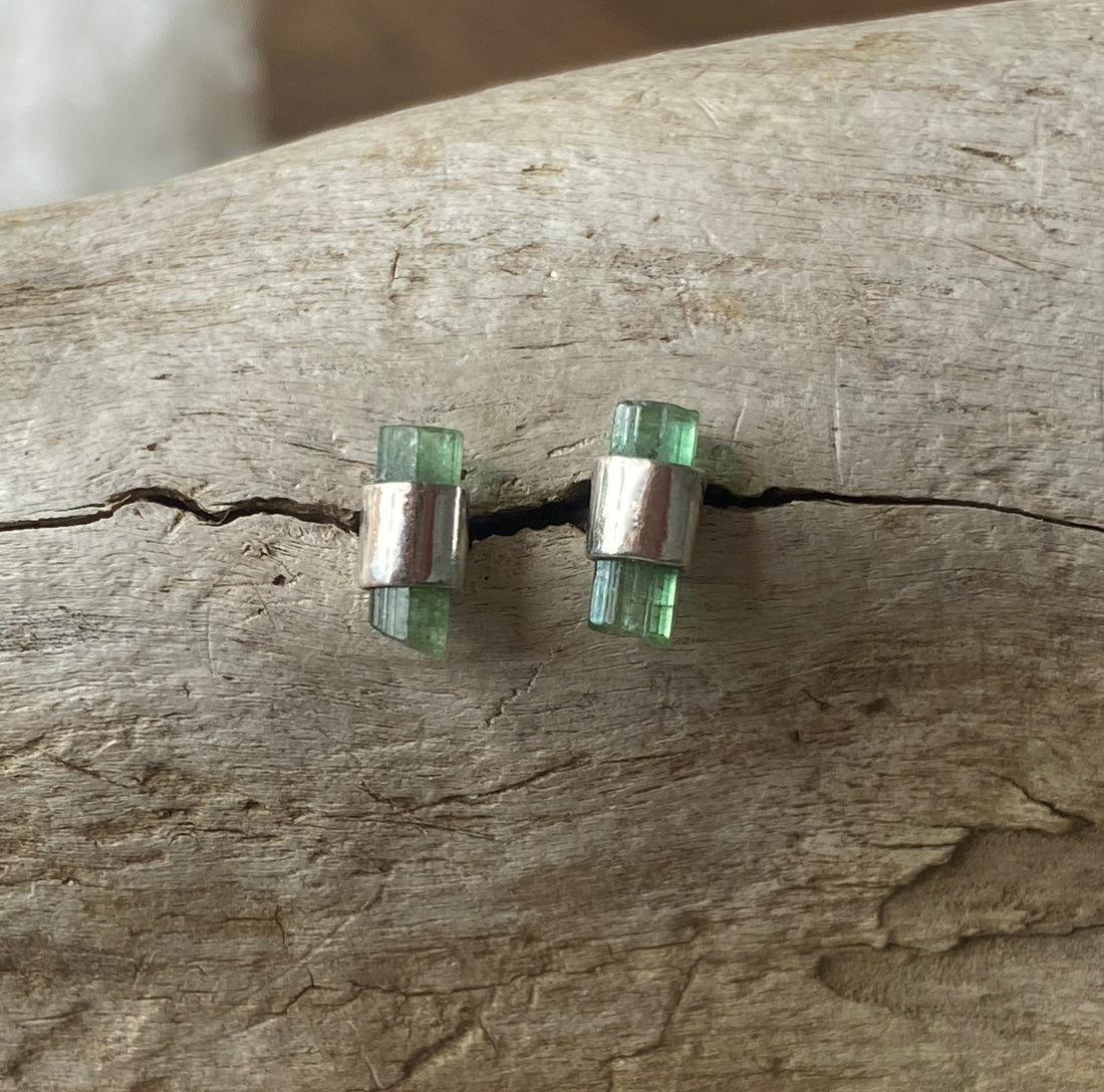 Raw Green Tourmaline Stud Earrings, October Birthstone Earrings