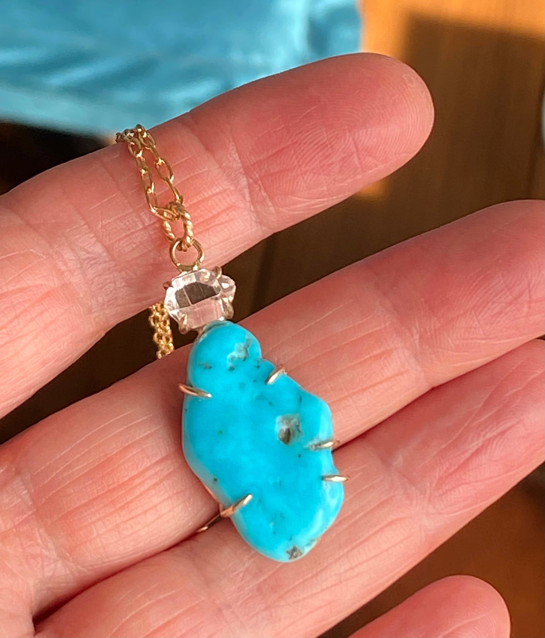 Raw Arizona Turquoise and Herkimer Diamond Pendant Necklace