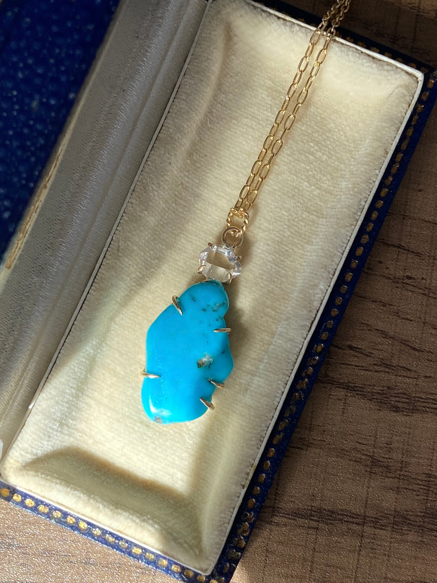 Raw Arizona Turquoise and Herkimer Diamond Pendant Necklace