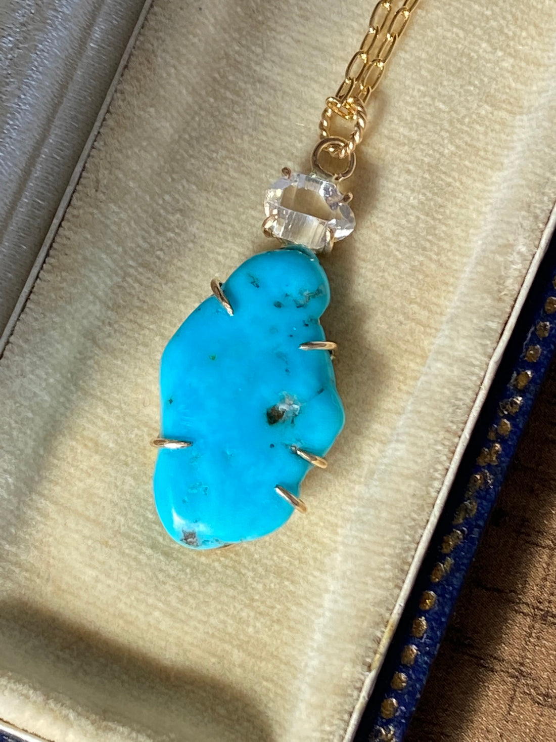 Raw Arizona Turquoise and Herkimer Diamond Pendant Necklace