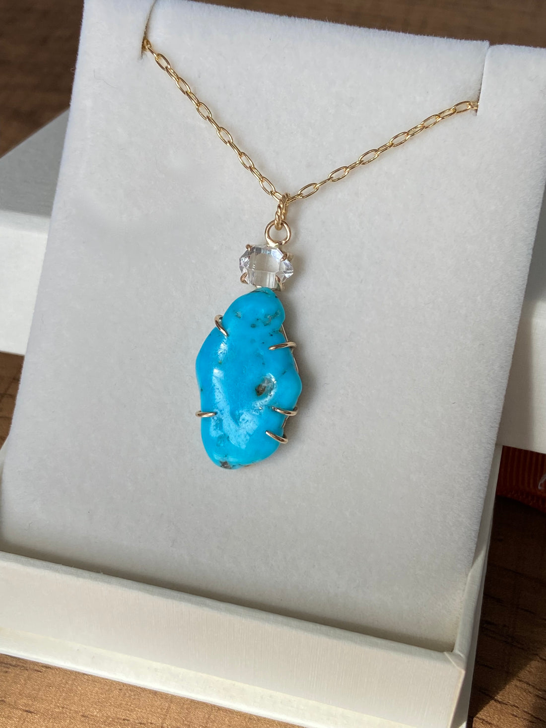 Raw Arizona Turquoise and Herkimer Diamond Pendant Necklace