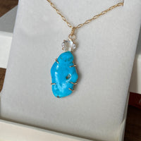 Raw Arizona Turquoise and Herkimer Diamond Pendant Necklace