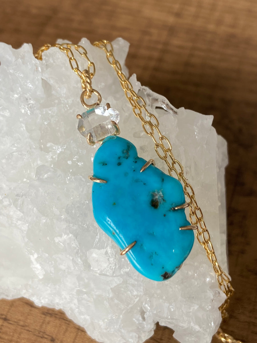 Raw Arizona Turquoise and Herkimer Diamond Pendant Necklace