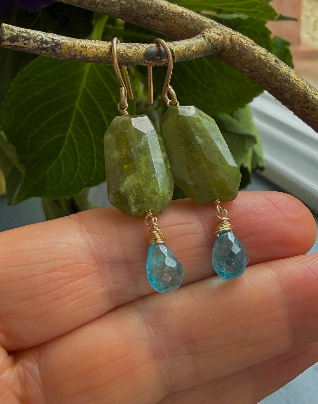 Vesuvianite (Idocrase) and Neon Apatite Earrings