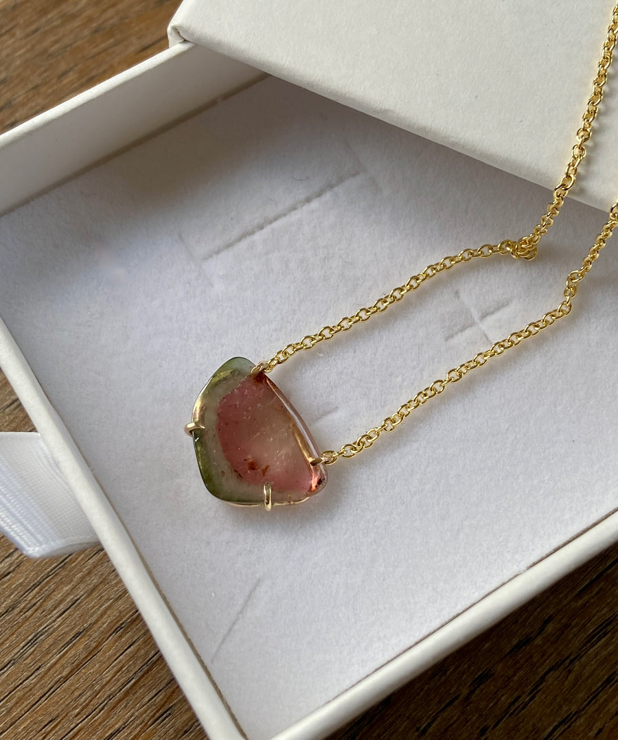 Watermelon Tourmaline Slice Necklace, October Birthstone Necklace