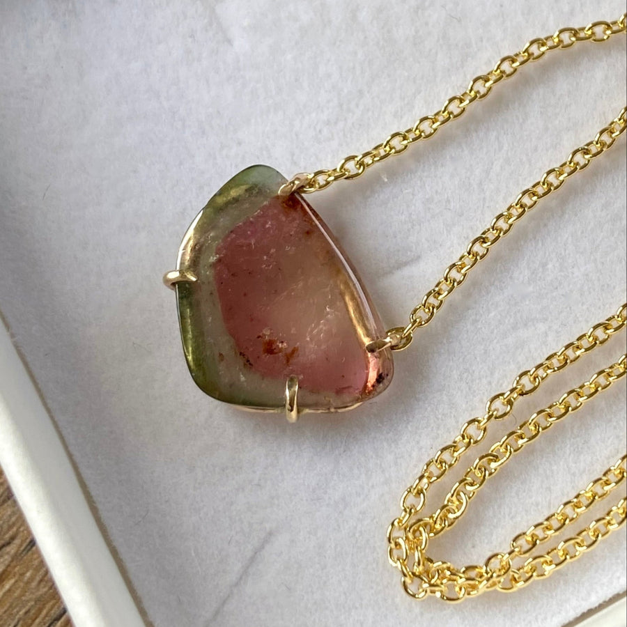 Watermelon Tourmaline Slice Necklace, October Birthstone Necklace