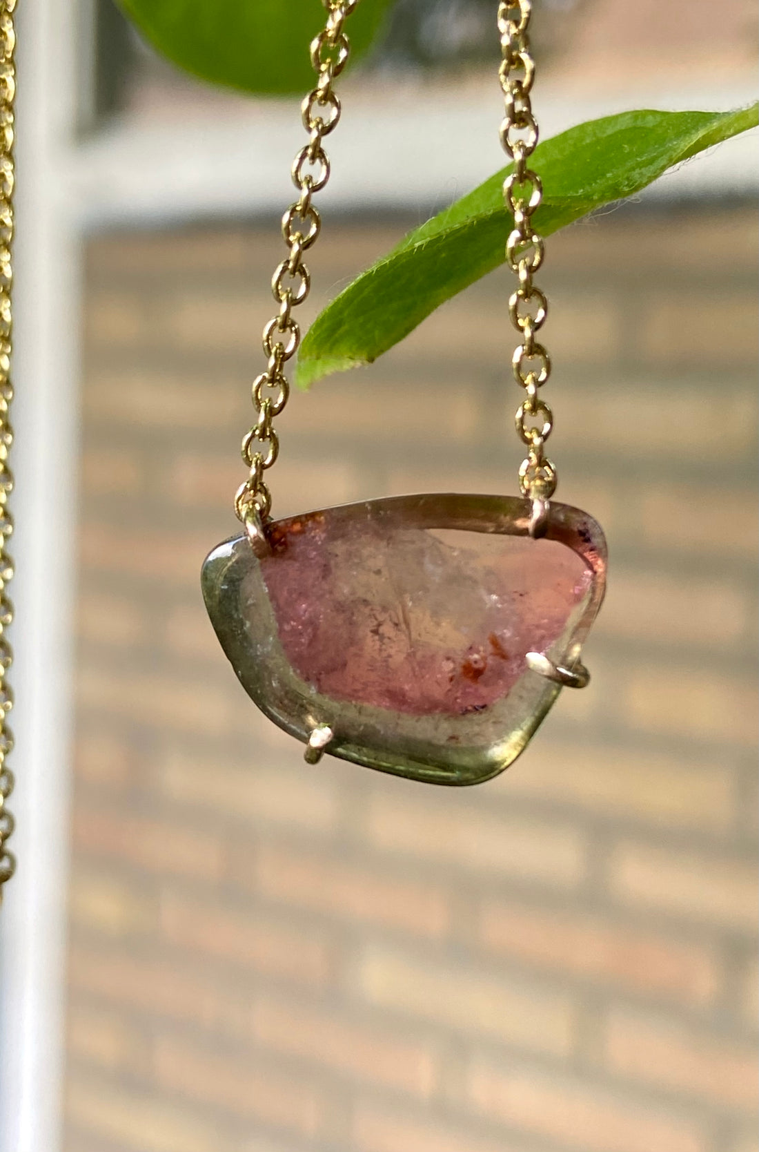 Watermelon Tourmaline Slice Necklace, October Birthstone Necklace