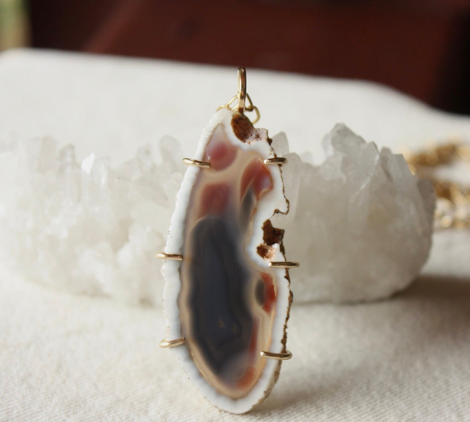 Horizontal Geode Slice Pendant Necklace - Genuine Amethyst & Quartz, Silver Accents
