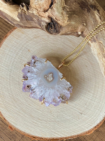 Uruguay Amethyst Stalactite Slice Pendant Necklace, Natural Amethyst Crystal Healing Protective Pendant, February Birthstone