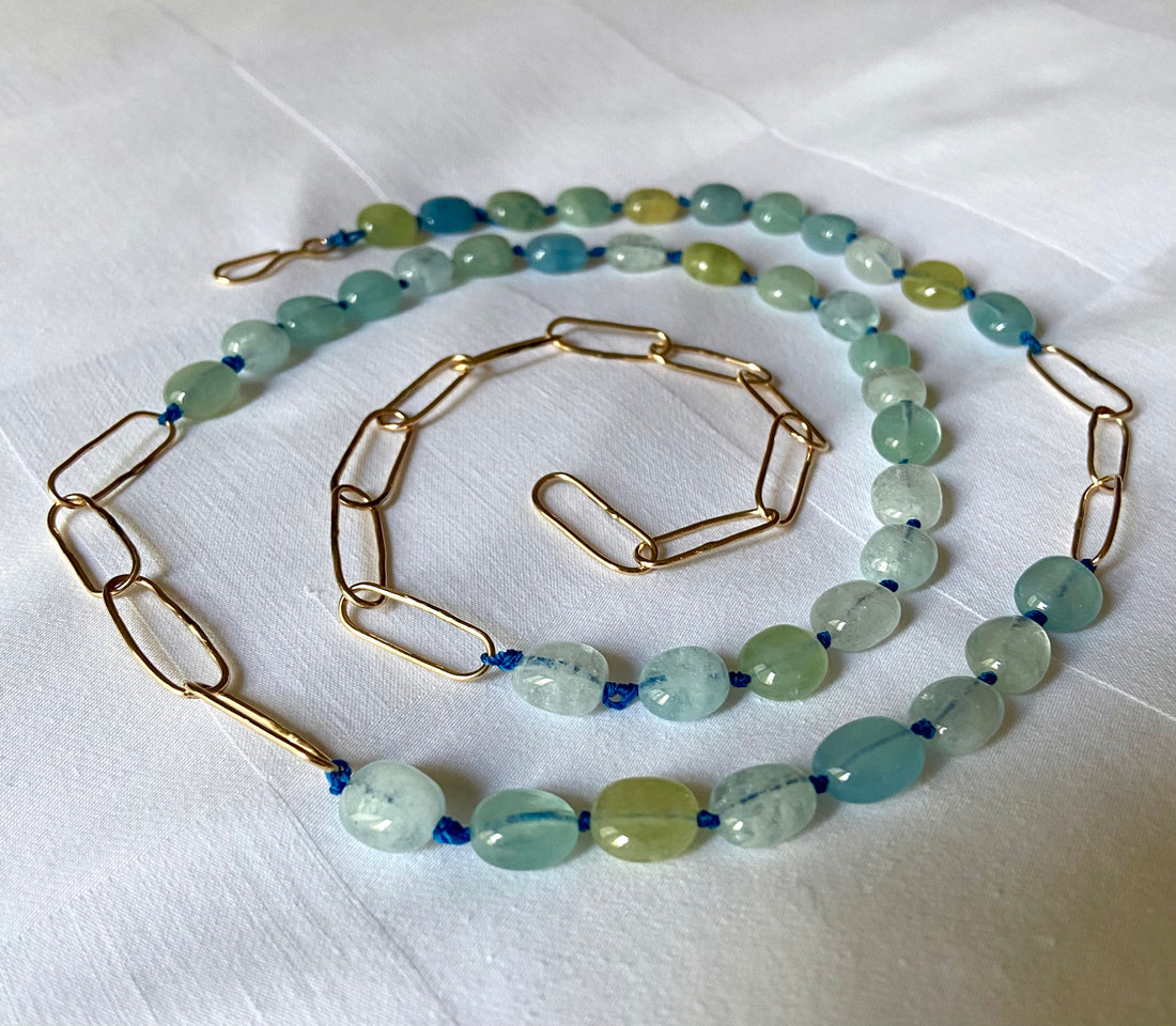 Extra Long Aquamarine and Paperclip Chain Necklace