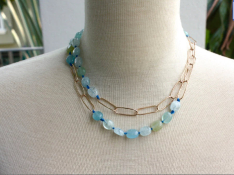 Extra Long Aquamarine and Paperclip Chain Necklace