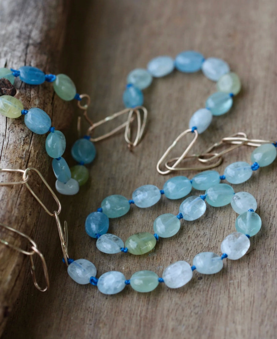 Extra Long Aquamarine and Paperclip Chain Necklace