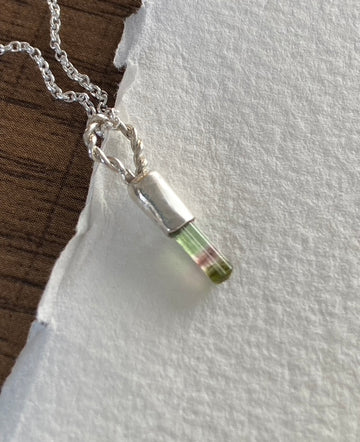 Raw Watermelon Bicolor 'Lipstick' Tourmaline Pendant Necklace, October Birthstone Pendant Necklace, Sterling Silver