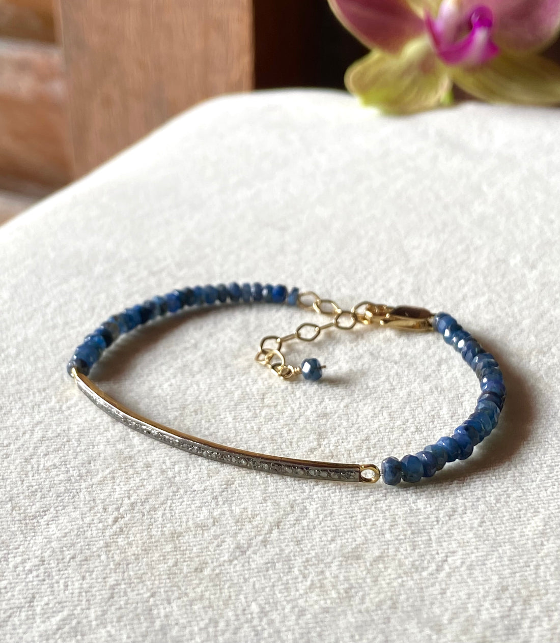 Unisex Pavé Diamond Bar and Blue Sapphire Bracelet, September Birthstone Bracelet