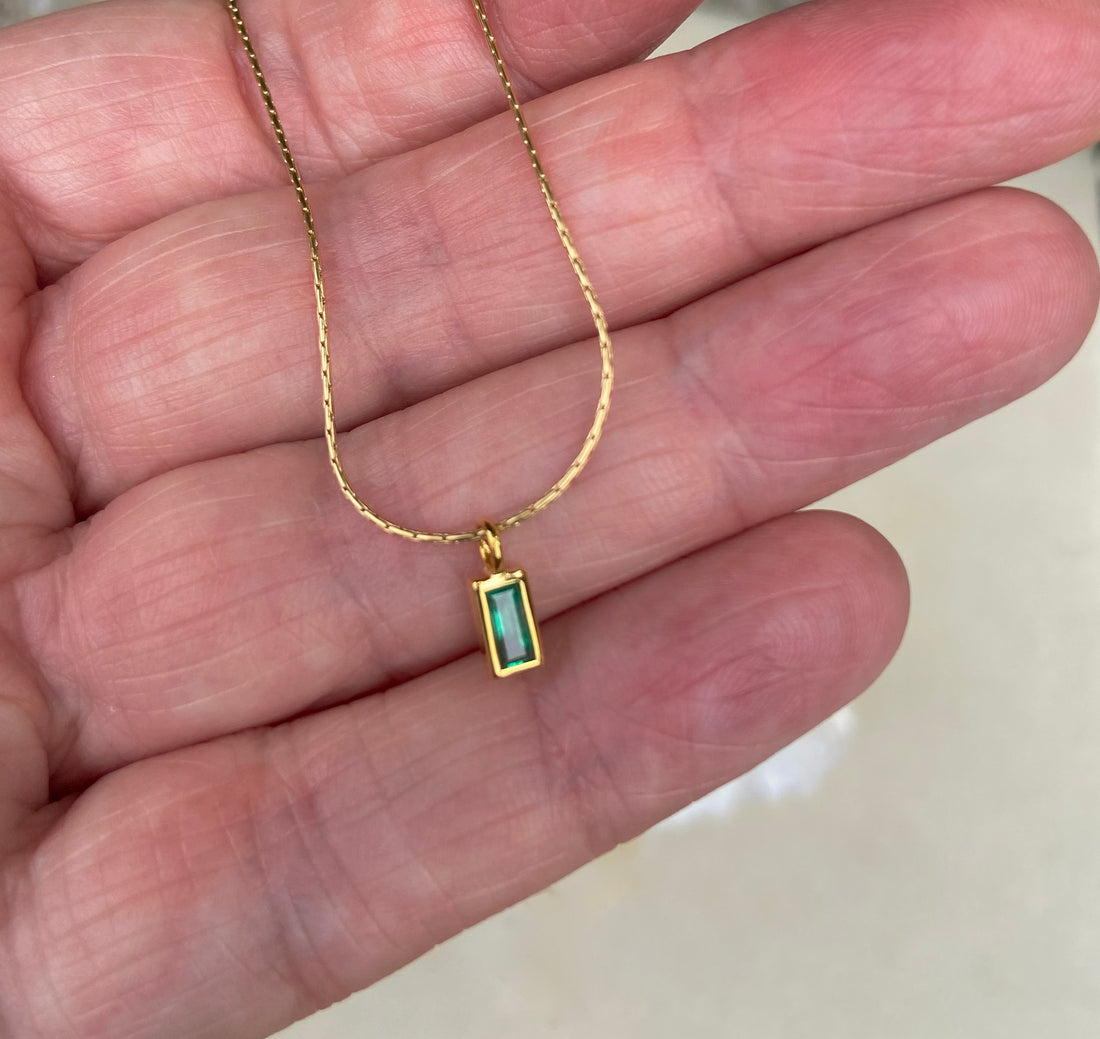 Emerald and 14k Gold Charm Pendant Necklace, May Birthstone Jewelry