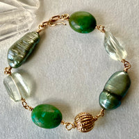 Tibetan Turquoise, Prasiolite and Pearl Statement Bracelet, June December February Birthstone Bracelet