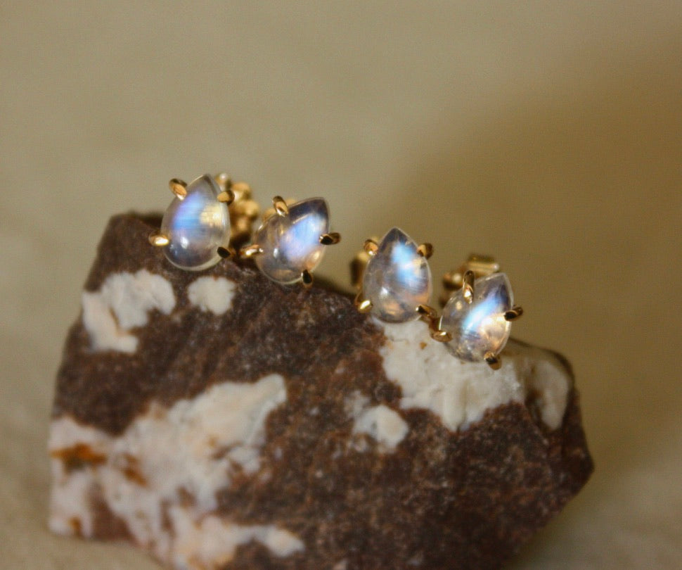 Rainbow Moonstone Droplet Stud Earrings, June Birthstone Earrings, Bridesmaid Earrings