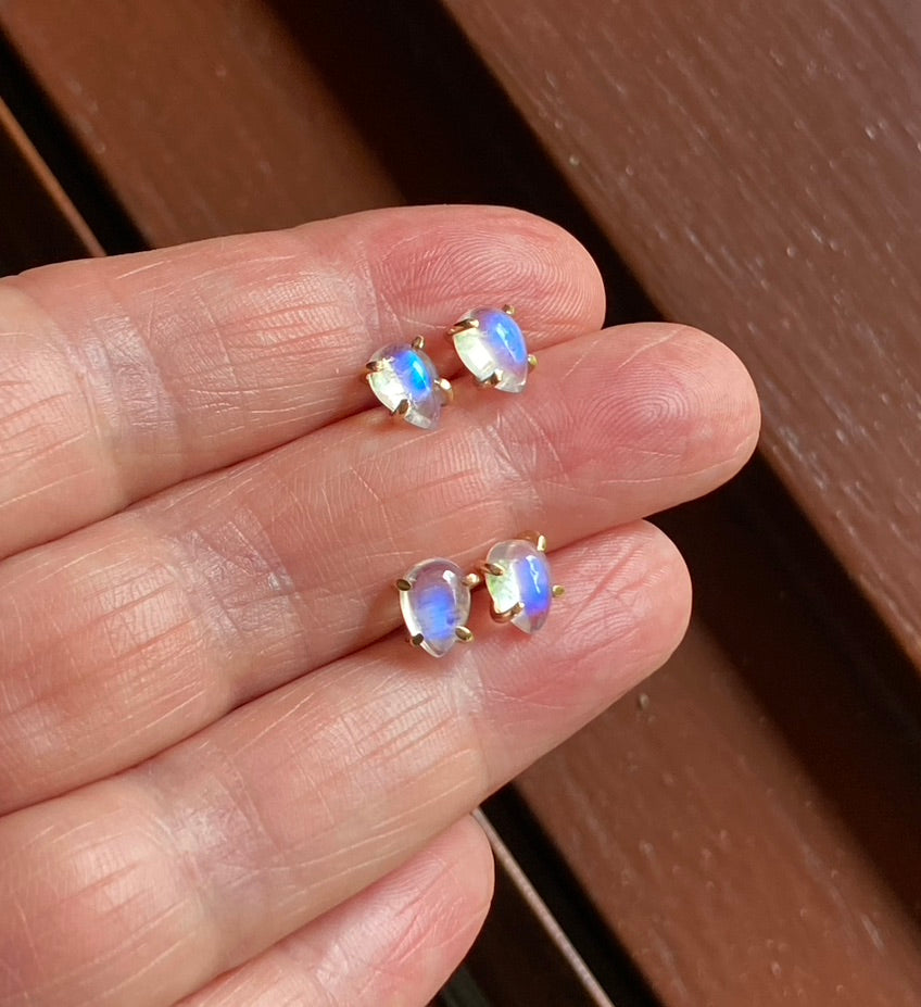 Rainbow Moonstone Droplet Stud Earrings, June Birthstone Earrings, Bridesmaid Earrings