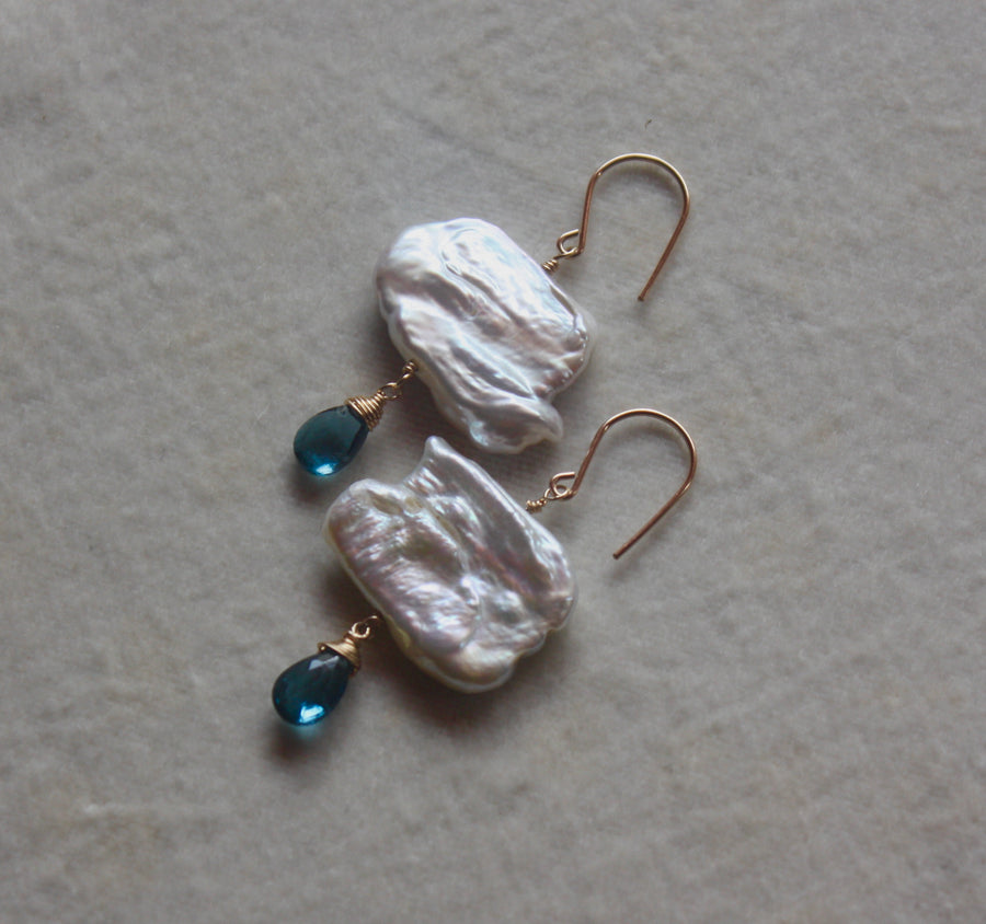 London Blue Topaz and Freshwater Pearl Cloud Earrings, June November Birthstone Earrings