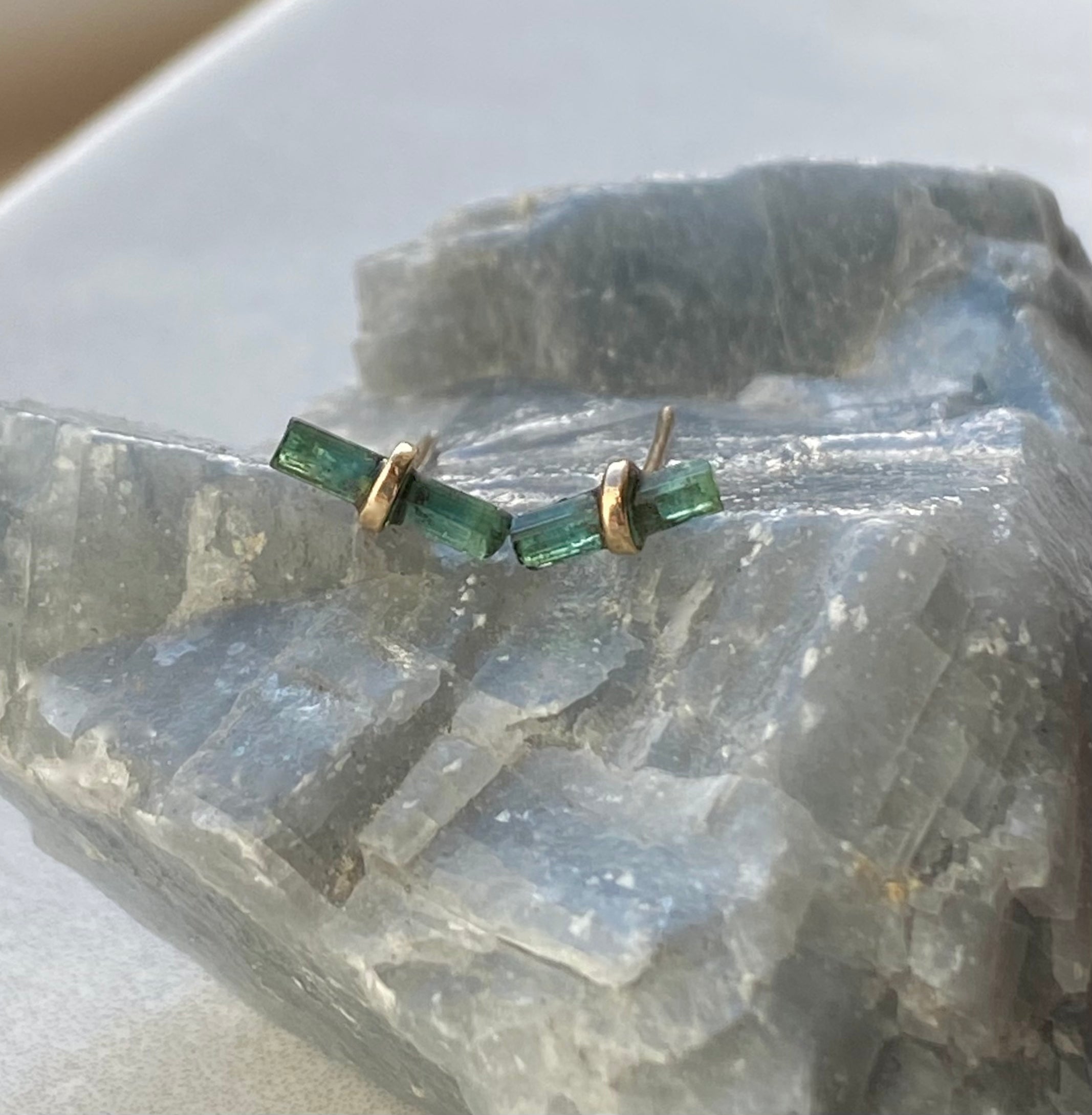 Raw Indicolite Teal Blue Green Tourmaline and Solid 14k Gold Stud Earrings, October Birthstone Earrings
